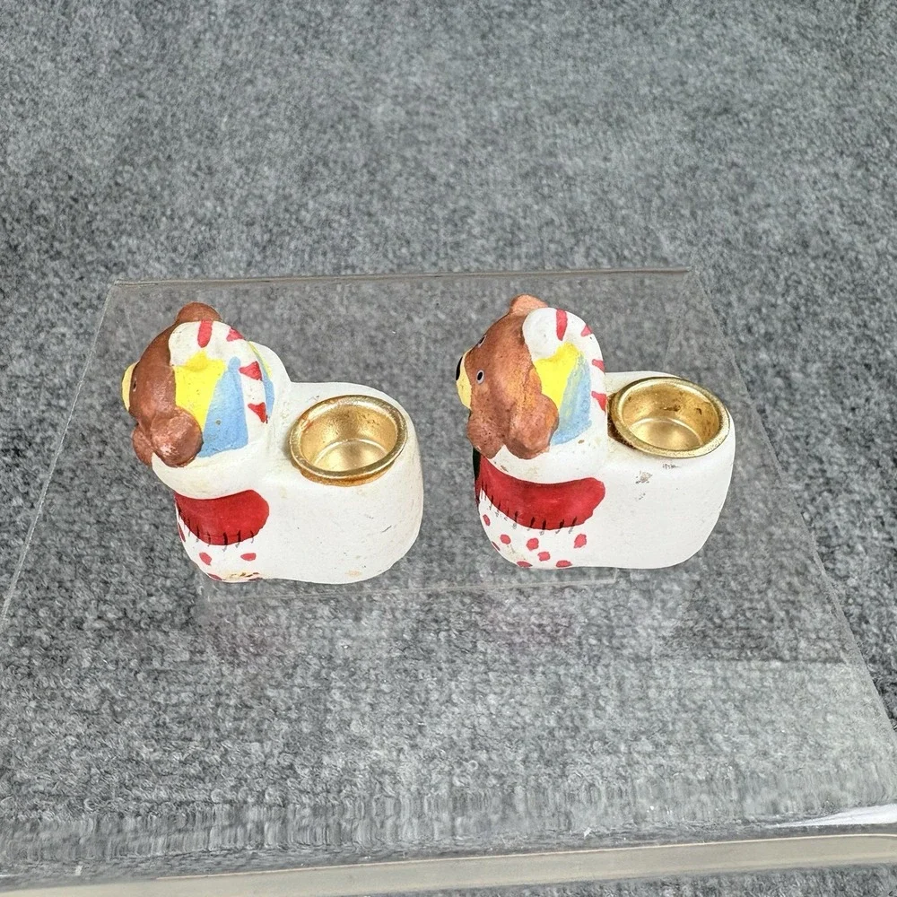 Vintage Teddy Bear Stocking Candle Taper Holders Ceramic Christmas Holiday Decor
